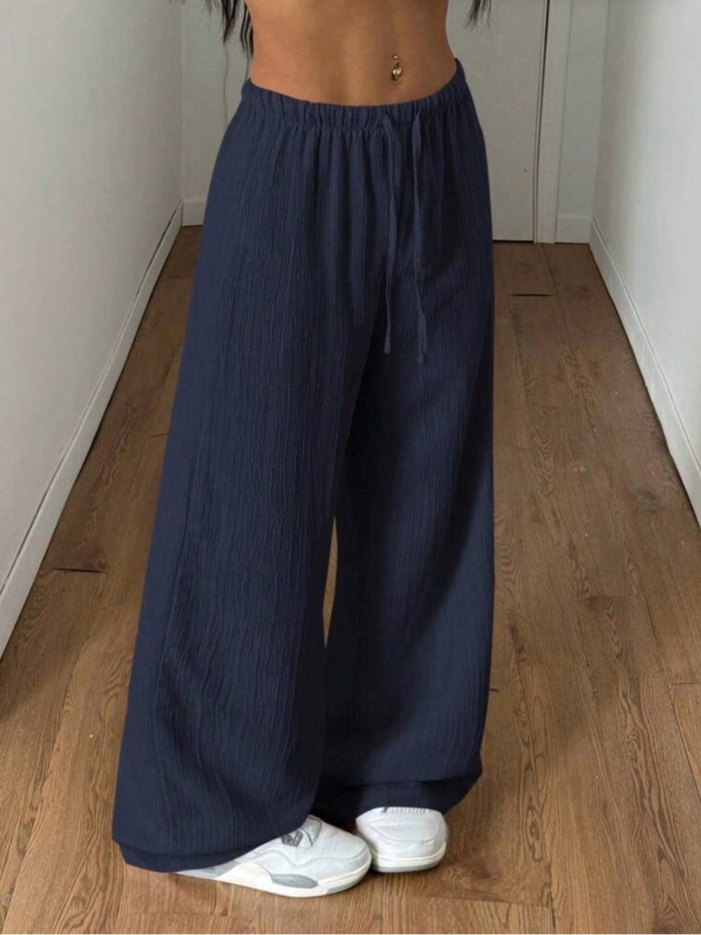 Navy Wide-Leg Drawstring Pants